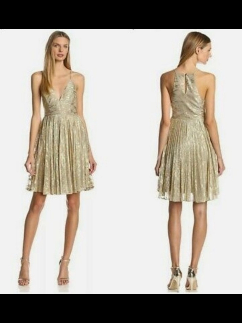 Sam Edelman NWT Gold Metallic Plunging V-Neck Fit-and-Flare Mini Dress Size 2